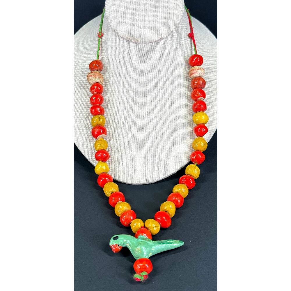 Vintage Ethnic Handmade Clay Bead Necklace with Parrot Pendant